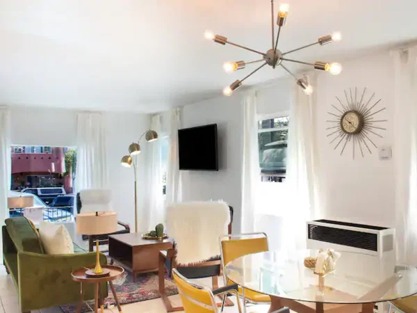 Bright living room in a mid-century modern cottage in San Diego, California
